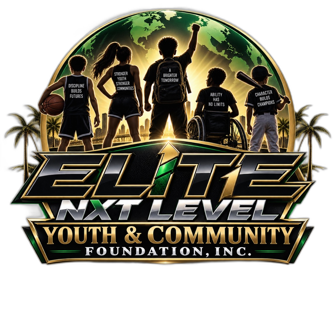 Elite Next Level Youth & Community Foundation, Inc. logo — five young athletes facing a sunrise over the city skyline